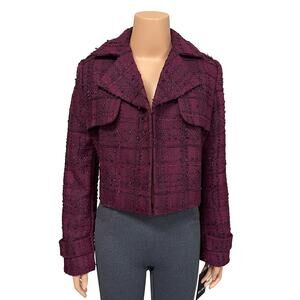 BCBG Textured Tweed Cropped Jacket Sz 4 XS $169 New Crimson Purple Red Blazer
